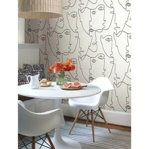 Expressions Cream Wallpaper with Black Abstract Face Line Art